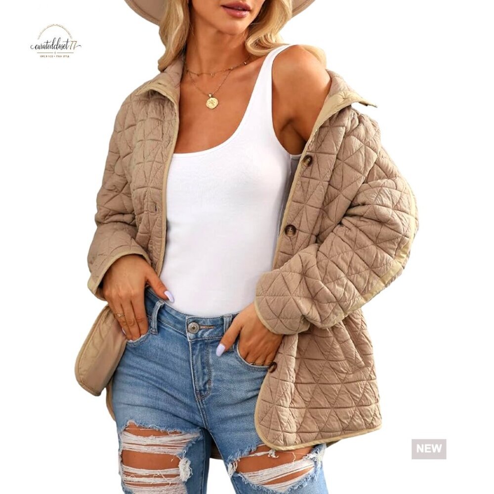 Lightweight Diamond Quilted Jacket Button Down Puffer Coat Casual Winter
